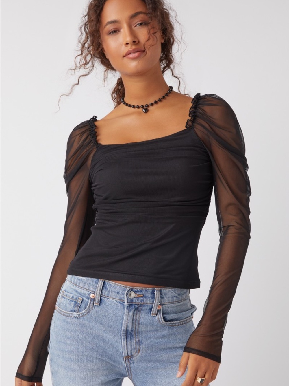 Francesca's Collections Black Mesh Puff-Sleeve Square Neck Top